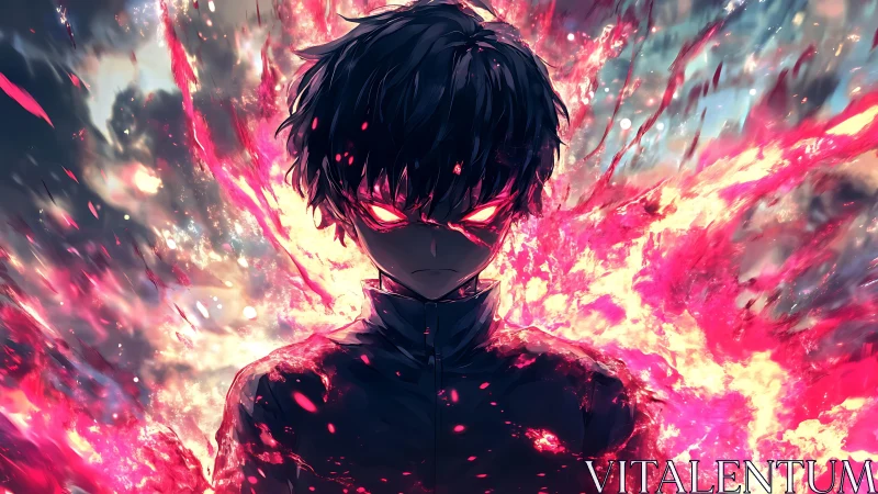 Dark anime figure radiates explosive crimson energy field