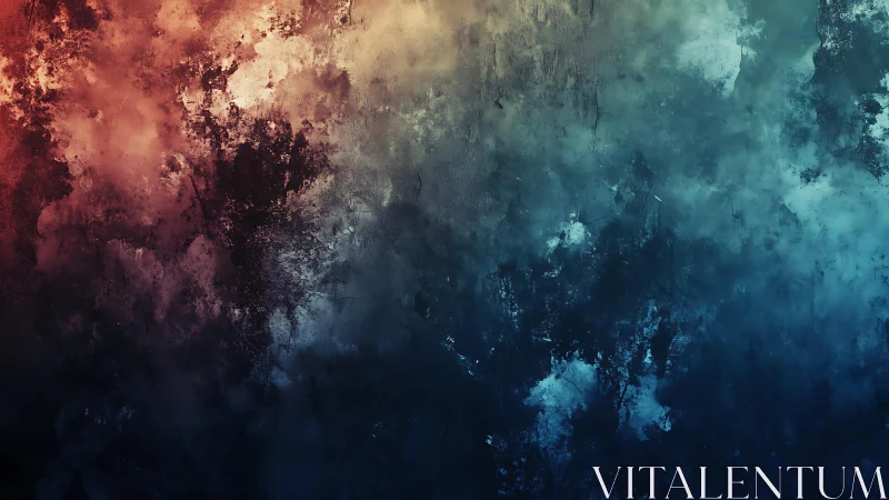 Abstract textured painting with red, blue, and beige gradients.