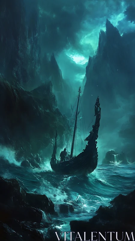 Viking longship cutting through teal storm-swept abyssal sea.