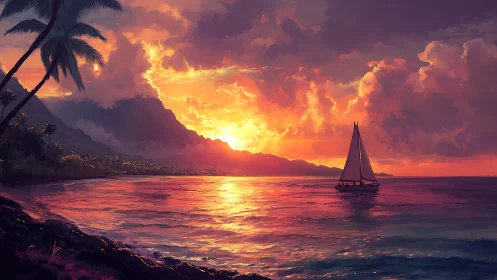 Tropical sailboat glides toward molten gold sunset horizon.