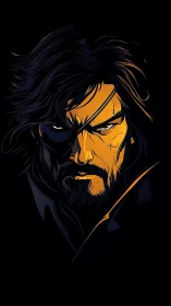 Scarred eyepatch warrior in stark orange shadowed portrait.