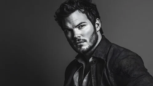 Monochrome digital portrait of bearded man in jacket.