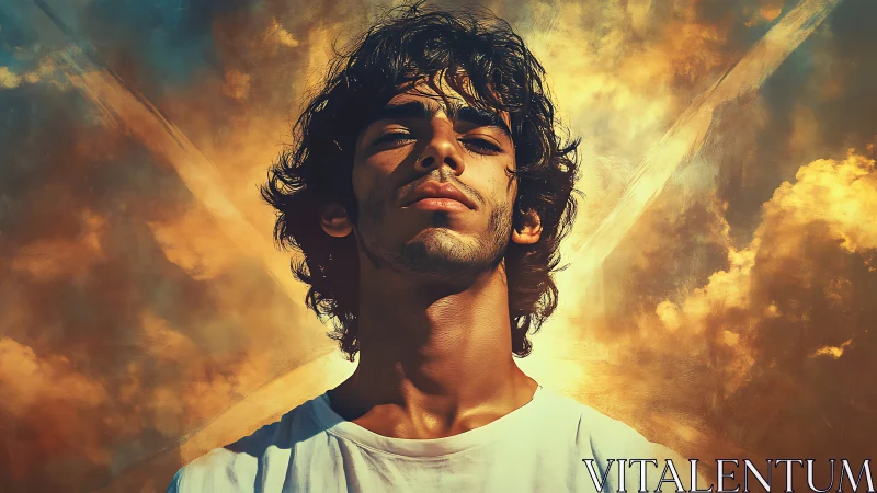 Backlit male portrait framed by luminous, diagonally streaked clouds