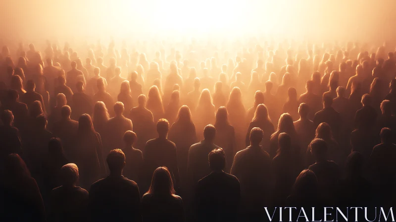 Backlit human crowd rendered as dense silhouettes in volumetric haze