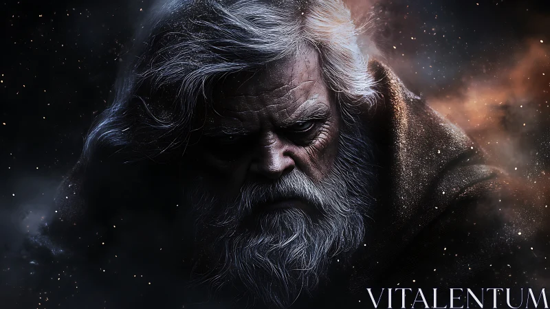 Elderly mystic glares through cosmic dust and shadow