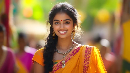 Young woman in vibrant sari under shallow depth-of-field lighting