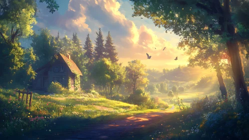 Sunlit forest cottage along idyllic golden country path.