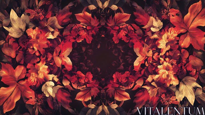 Dark symmetrical floral pattern with vivid red foliage.