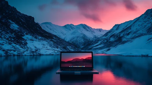 Laptop on reflective lake surface with snowy mountain backdrop.
