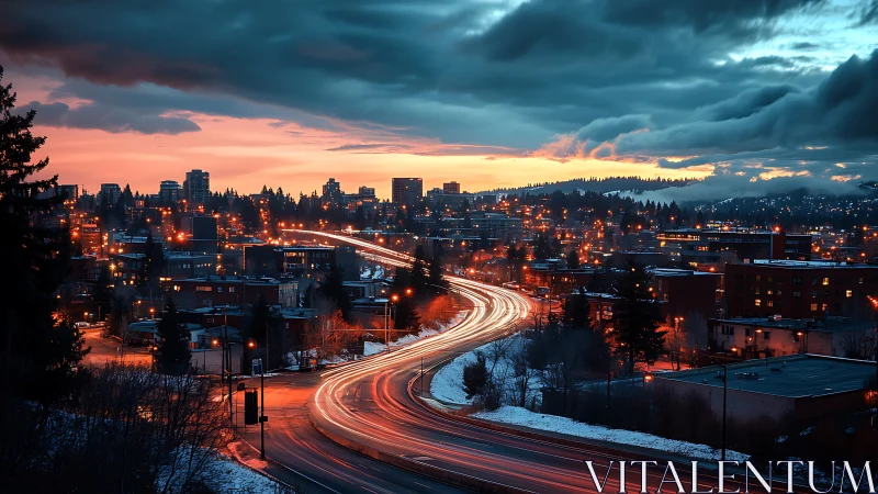 Urban winter cityscape with curved highway light trails.