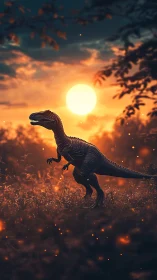 Sunset stalker raptor drifting through emberlit prehistory.