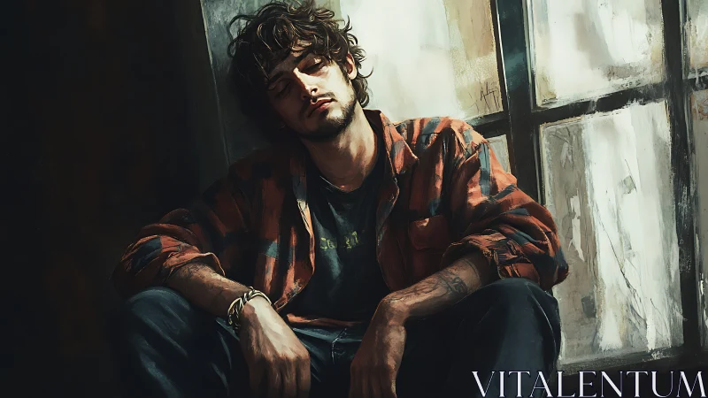 Digital painting portrait of a pensive man by window light.