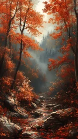 Crimson Canopy: Where Autumn's Fire Meets Misty Streams.