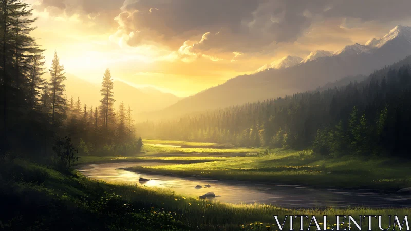 Sunlit mountain valley with winding river and dense forest