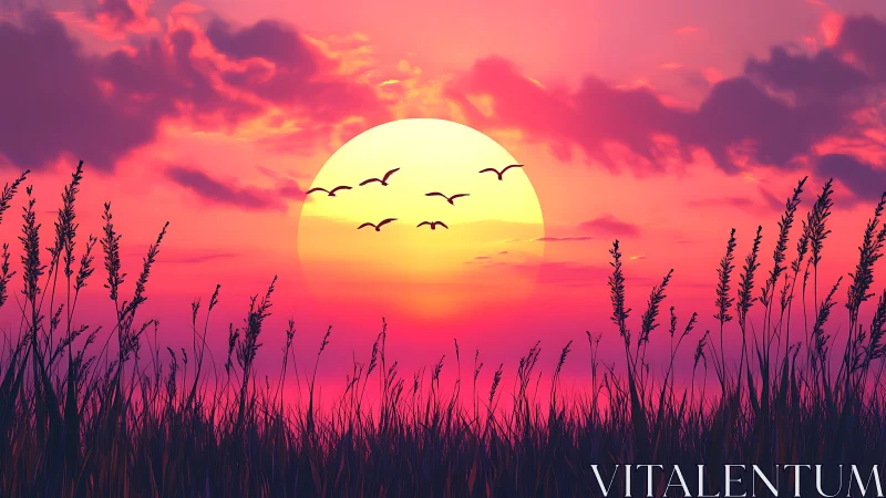 Vibrant digital sunset over field silhouettes with birds.