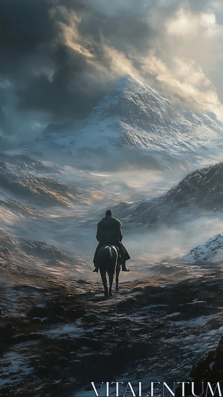 Solitary mounted figure in snow-covered mountain valley.