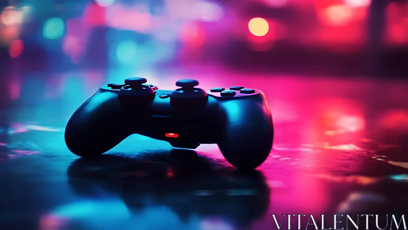 Game Controller with Neon Lighting and Bokeh Background.