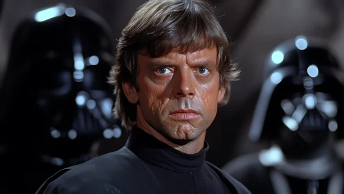 Cinematic close-up portrait framed by defocused armored figures