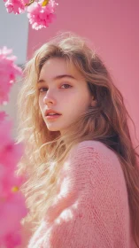 Soft blossom glow with a dreamy pink sweater portrait.