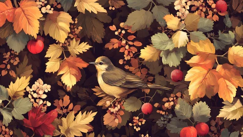 Quiet songbird rests amid golden autumn forest leaves