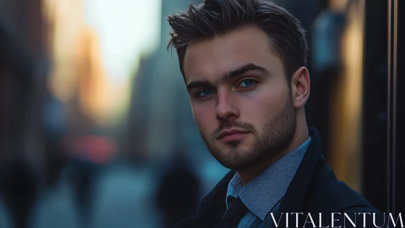 City twilight portrait with quiet, thoughtful confidence.