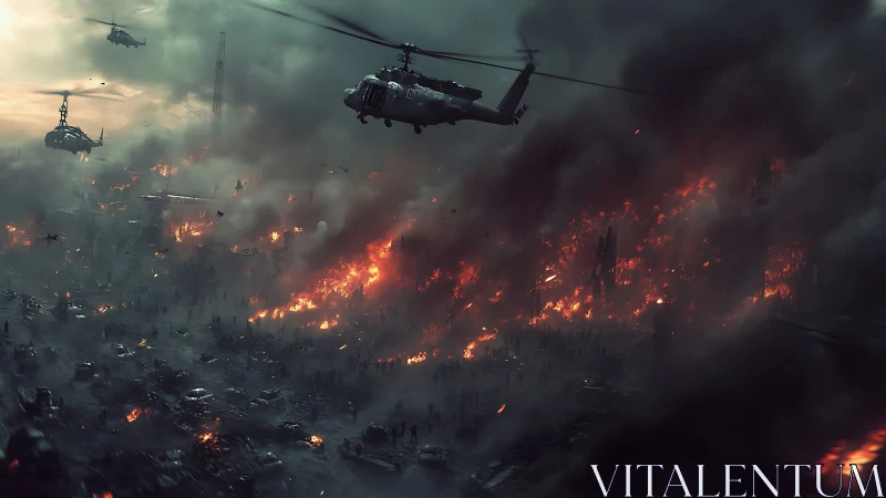Military helicopters above large burning urban battlefield.