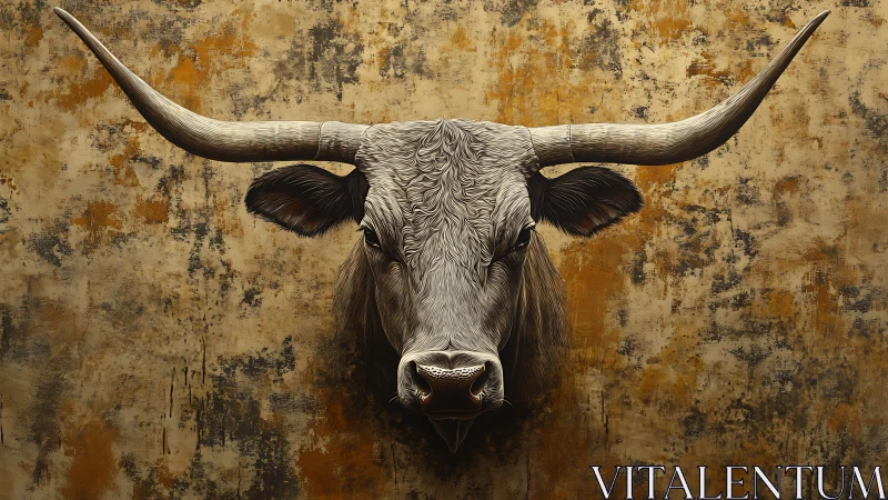 Longhorn bull head against distressed ochre wall texture.