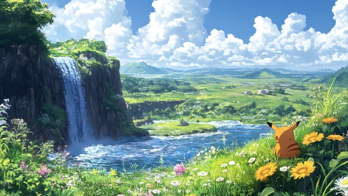 Pikachu quietly admires a sunlit waterfall and vast valley