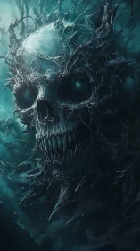 Bioluminescent abyssal skull entity with tendril lattice