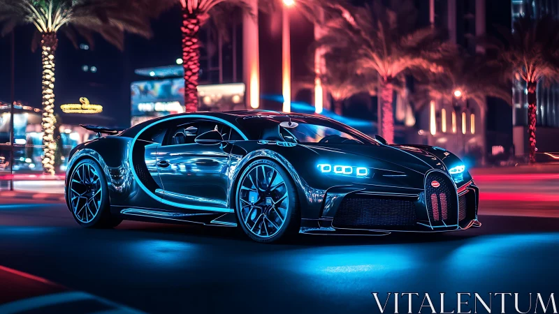 Neon hunter skims through palm-lit midnight city streets