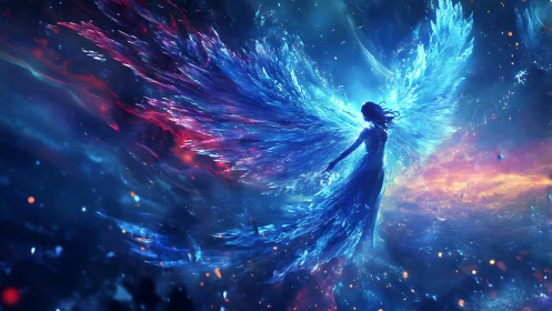 Winged female silhouette expands luminous blue and red energy