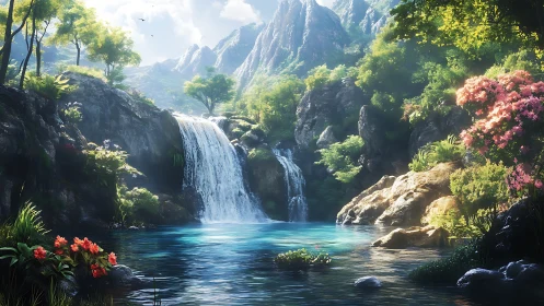 Mountain waterfall pool in lush sunlit forest landscape.