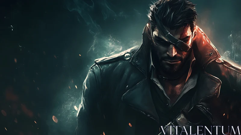 Digital painting of brooding cyber-noir mercenary portrait.