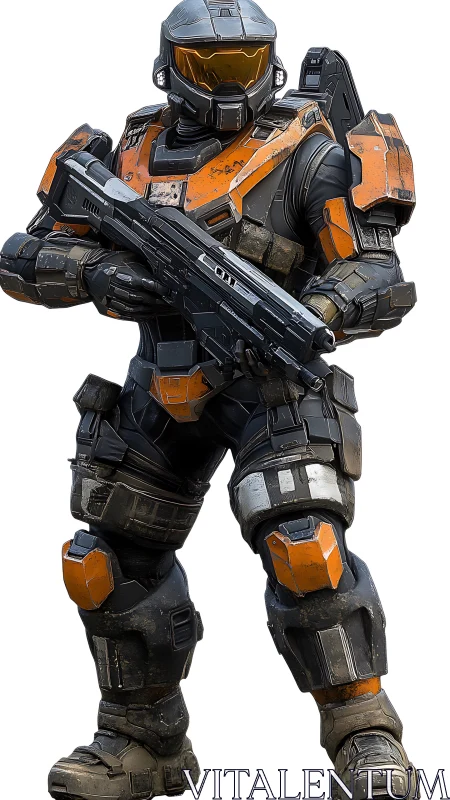 Heavily armored sci fi soldier in orange tactical exosuit.