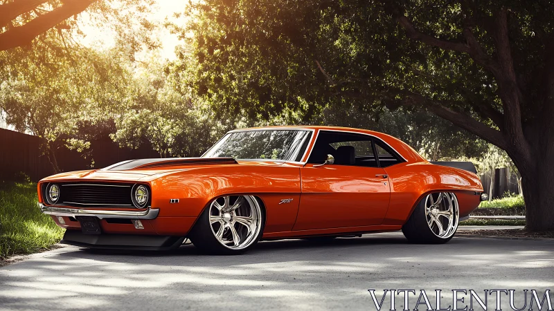 Photorealistic low-angle study of custom orange muscle car.