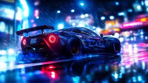 Night rain street scene with illuminated sports car rear view.