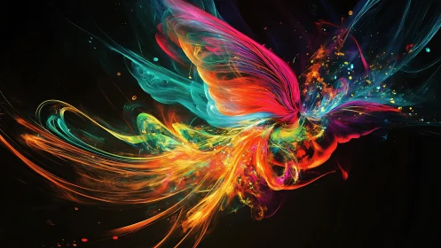 Prismatic phoenix burst swirling from the cosmic dark.