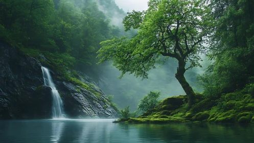 Verdant riverside tree with misty waterfall and dark rock face.
