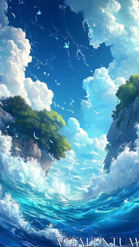 Vast turquoise seascape between cliffs under soaring clouds.