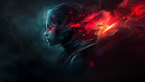 Ethereal profile channels swirling red cosmic energy flame.