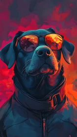 Cool black dog in sunglasses amid neon abstract glow.