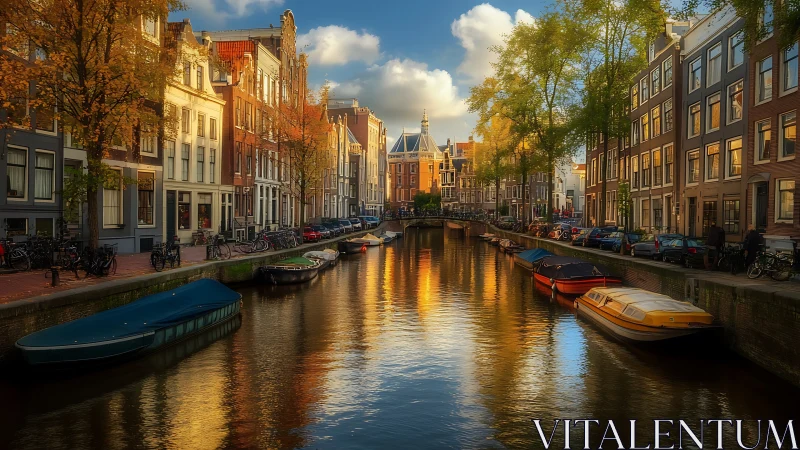 Golden canal hush over autumn-lit Amsterdam facades.