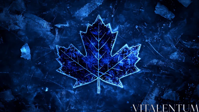 Glowing blue maple leaf icon on textured dark background.