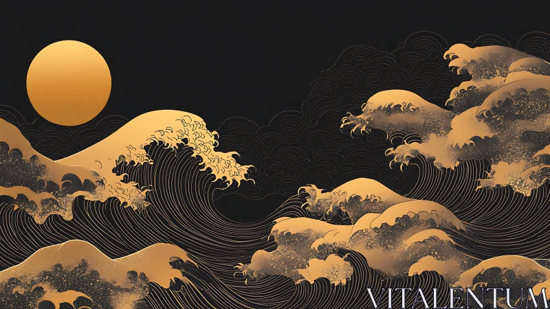 Gold-toned stylized waves and circular sun on dark background