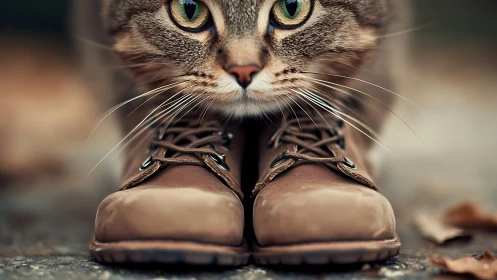 Tabby cat peers over tan leather boots on pavement.