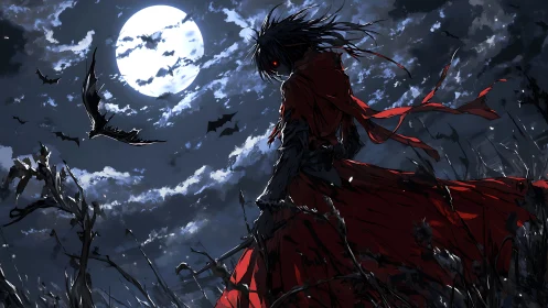 Crimson cloaked wanderer beneath a restless harvest moon.