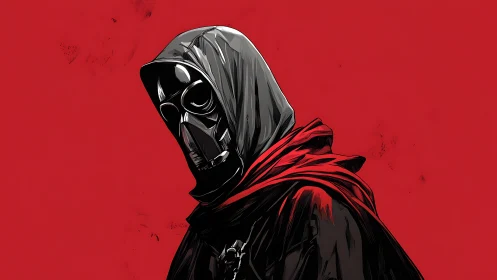 Hooded gas mask figure on stark red background.