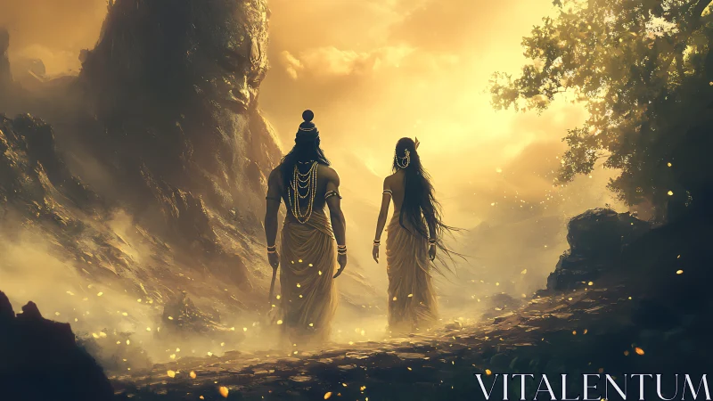 Divine couple walking toward glowing mythic mountain path.