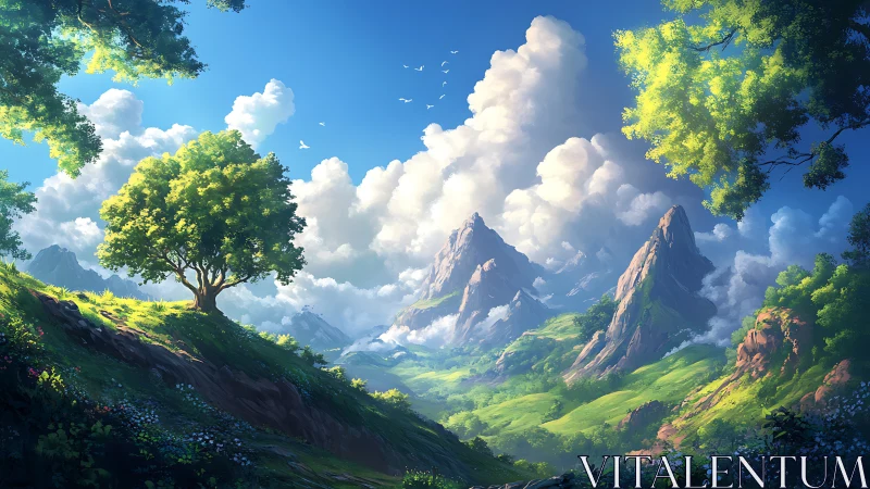 Mountain valley landscape with clouds and scattered trees.
