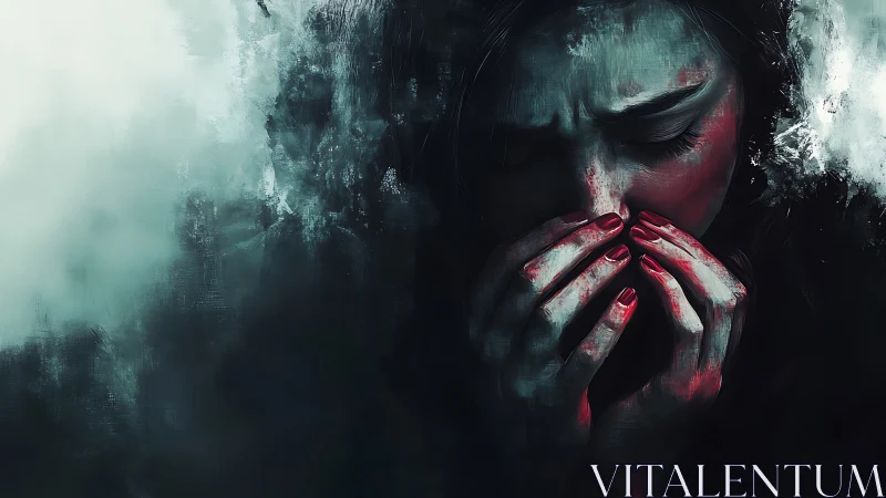 Silent storm folds around crimson fingertips and furrowed brow